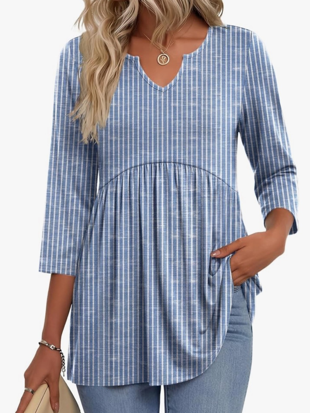 Recycled Polyester Striped Blue V-Neck Babydoll Tunic Top
